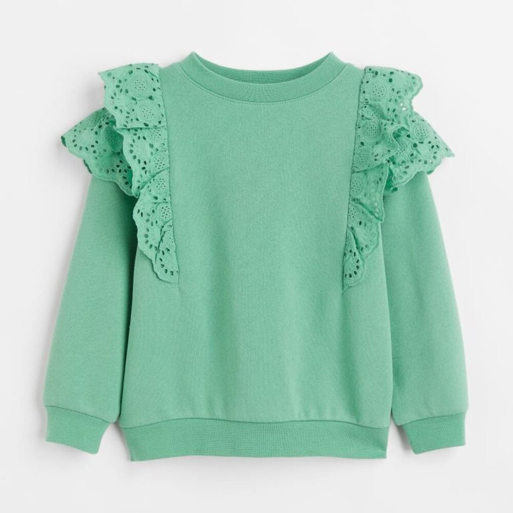 H&M Green Ruffle-Shoulder Sweatshirt Lacy Girl's Size 8/10